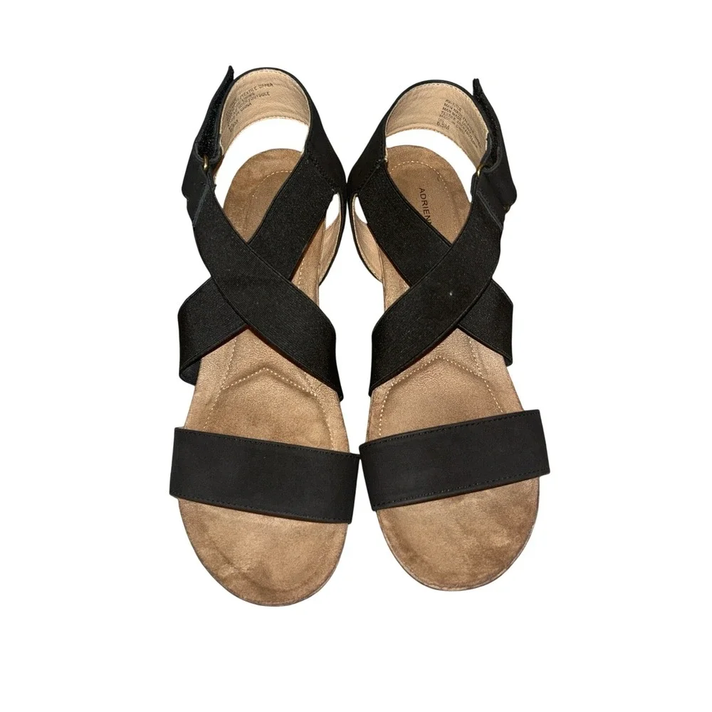 Adrienne‎ Vittadini Title Womens Black Wedge Sandals Elastic Straps Size 8.5M